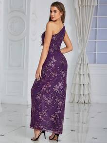 Eilly Bazar One Shoulder Wrap Hem Sequin Prom Dress - Purple - View 2