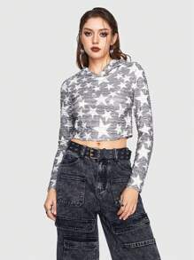Grunge Punk Camiseta estampado de cráneo crop con capucha - Multicolor - Ver 3