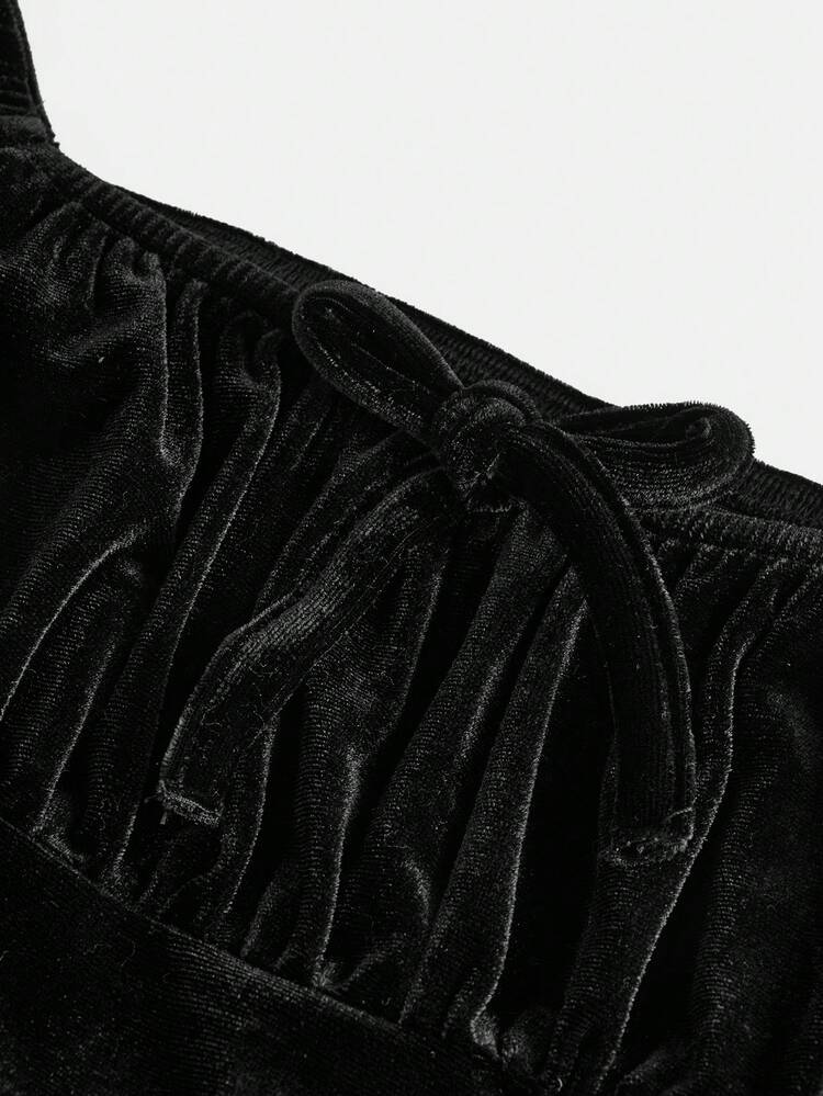 Tween Girls' Sporty Casual Velvet Solid Color Square Neck Long Sleeve Dress - Black - View 3