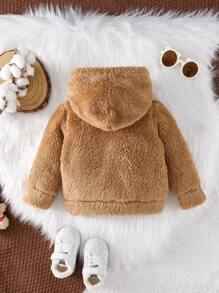 SHEIN Baby Girl 3D Bear Decor Kangaroo Pocket Teddy Sweatshirt - Brown - View 2