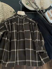 Young Girl Plaid Mock Neck Blouse & Skirt - Coffee Brown - View 2