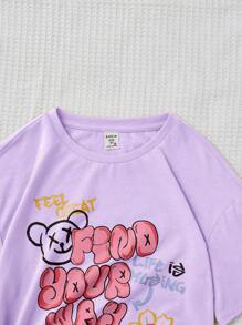 SHEIN Tween Girl Slogan Graphic Drop Shoulder Tee & Biker Shorts