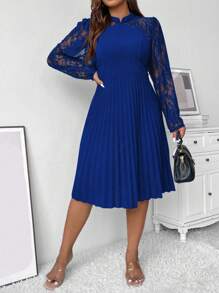 SHEIN Unity 大码优雅通勤纯色蕾丝拼接褶皱连衣裙 - 寶藍色 - 查看 4