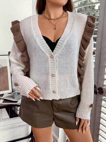 SHEIN Clasi 大碼小絨球細節荷葉邊開襟衫 - 白色 - 查看 5