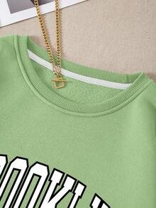 SHEIN EZwear 字母圖案加絨內裏運動衫 - 綠色 - 查看 7