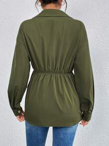 SHEIN Essnce Flap Pocket Drop Shoulder Zipper Coat - Army Green - View 2