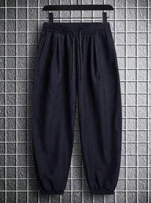 Manfinity Hypemode 男士鬆身純色落葉褲,帶束口腰帶 - 藏蓝色 - 查看 3