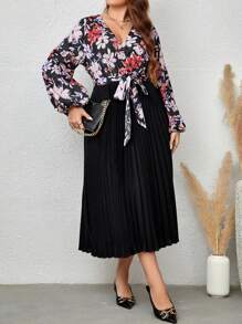 EMERY ROSE Hơn In hoa Tay áo lồng đèn Viền xếp Váy có thắt lưng - Nhiều màu - Xem 4