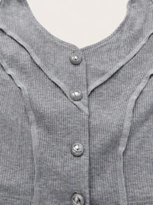 SHEIN MOD Sırtsız Nervürlü Örgü Önden Düğmeli Sade Gündelik Seksi Kadın Atlet & Camiş - Gri - Görünüm 4