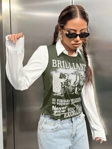 SHEIN EZwear Top tank con estampado de figura y slogan - Verde militar - Ver 5