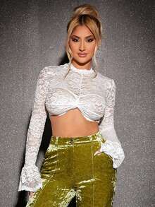 SHEIN SXY 小高領荷葉袖胸部褶皺短款蕾絲上衣 - 白色 - 查看 6