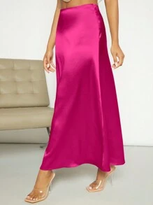 SHEIN Privé Solid Satin A-line Longline Satin Skirt - Hot Pink - View 4