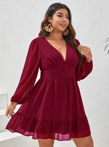 SHEIN VCAY Plus Plunging Neck Lantern Sleeve Ruffle Hem Dress - Burgundy - View 4