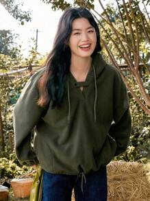 DAZY Chất rắn Viền kéo ra Thả vai Hoodie - xanh quân đội - Xem 5