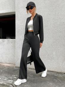 GENKIRA Zip Up Jaqueta Crop & Calças Perna Flare - Preto - Visão 3