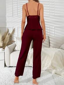 Contrast Lace Lettuce Trim Cami Top & Pants PJ Set - Purple - View 2