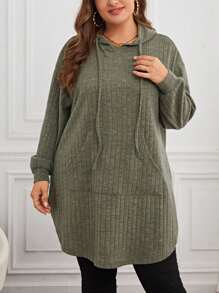 SHEIN LUNE Plus Size Drop Shoulder Drawstring Sweatshirt Graduation, Back To School Outfits, Graduation, Teacher Outfits For Women, Back To School Winter Fall Autumn - Green - View 3