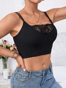 蕾絲拼接吊帶短上衣 - 黑色 - 查看 4