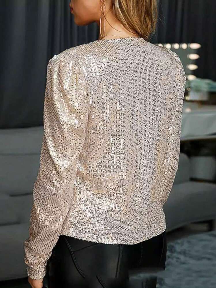 Cárdigan elegante y glamoroso con lentejuelas para mujer, suéter de manga larga con abertura frontal, atuendo para festival de música, atuendo de Año Nuevo Primavera - Dorado - Añade 2