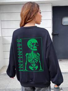 STROM NIGHT 艺术家字母图案落肩运动衫，适合假期、冬季、度假、节日 - 藏蓝色 - 查看 2