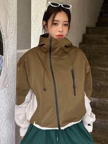 DAZY 撞色拉鏈開襟抽繩連帽夾克 - 棕色 - 查看 7