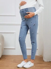 SHEIN 孕婦高腰花卉刺繡緊身牛仔褲 - 淺色水洗藍 - 查看 4