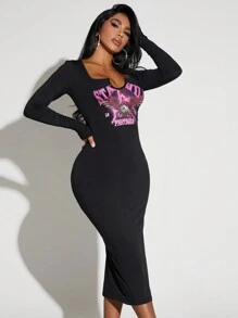 SHEIN SXY Lá thư & In Eagle Váy bodycon - màu đen - Xem 3