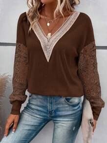 SHEIN LUNE Contrast Guipure Lace Drop Shoulder Sweatshirt - Brown - View 4