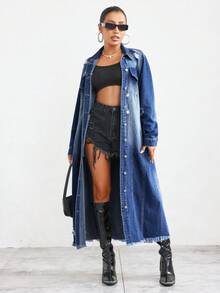 SHEIN Privé Flap Pocket Raw Hem Denim Coat - Medium Wash - View 3