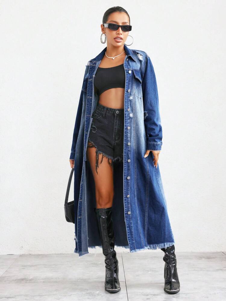 SHEIN Privé 翻蓋口袋毛邊牛仔外套 - 中等水洗藍 - 查看 3