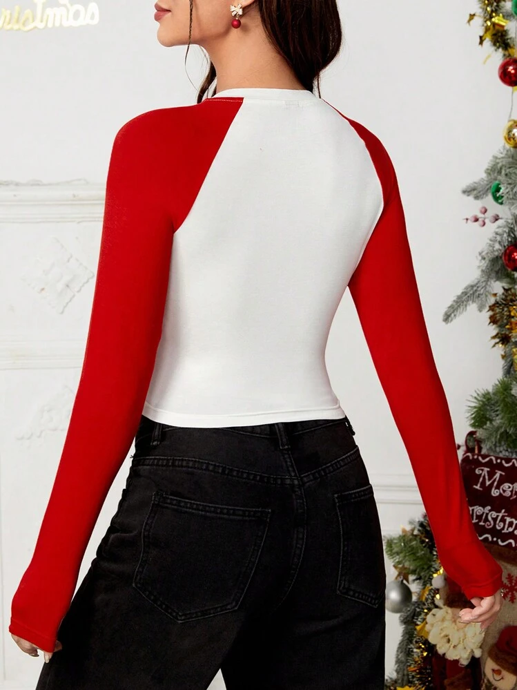 SHEIN EZwear Camiseta con estampado de slogan de manga raglán - Rojo y blanco - Añade 2