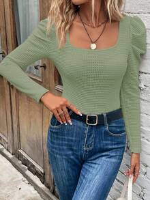 SHEIN Clasi Scoop Neck Gigot Sleeve Bodysuit - Green - View 4