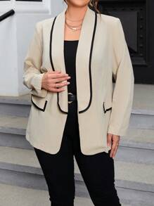 SHEIN Privé Plus Contrast Binding Open Front Blazer - Khaki - View 3