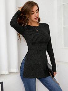 SHEIN Frenchy Viền chia cắt Đồ đan Ribbed Áo thun - màu đen - Xem 6