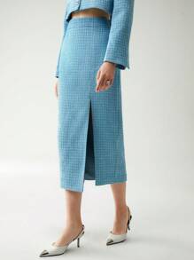 Chiquease High Waist Split Thigh Tweed Skirt - Blue - View 4