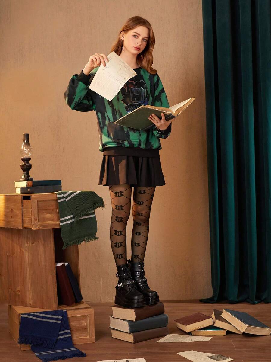 HARRY POTTER X SHEIN 紮染字母圖案落肩袖運動衫 - 彩色 - 查看 1