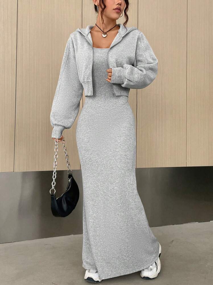 SHEIN EZwear Drop Shoulder Zip Up Hoodie & Cami Dress - Light Grey - View 1