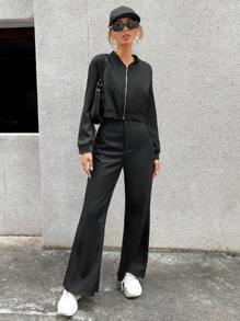 GENKIRA Zip Up Jaqueta Crop & Calças Perna Flare - Preto - Visão 6