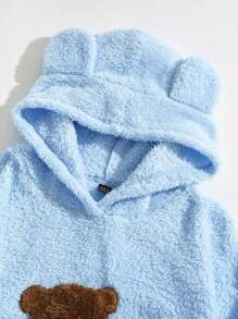 SHEIN EZwear 小熊刺繡 3D 耳朵設計落肩泰迪連帽衫 - 藍色 - 查看 3