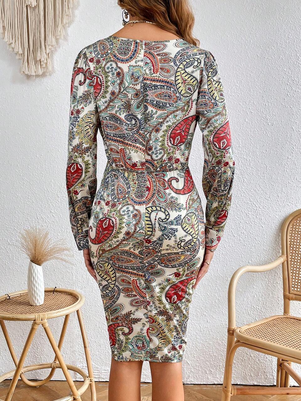 Paisley Print Ruched Asymmetrical Hem Dress
