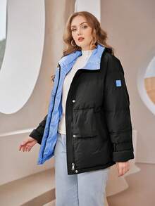 Astrid Plus Zip Up Snap Button Patched Detail Down Coat - Black - View 4