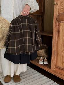 Young Girl Plaid Mock Neck Blouse & Skirt - Coffee Brown - View 1