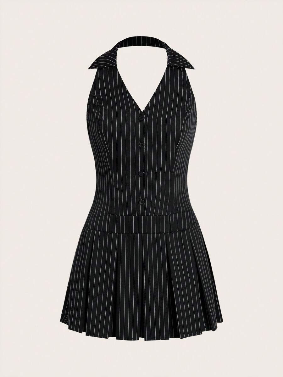 SHEIN MOD Striped Print Button Front Pleated Hem Dress - Black and White - View 1