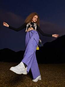 In My Nature Đồ họa Chữ cái Eo dây rút Vải to sợi Quần Cargo - Màu tím - Xem 8