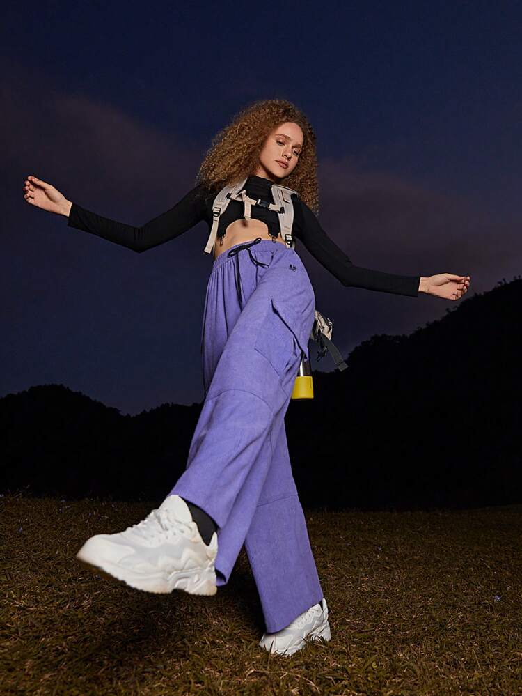 Letter Graphic Drawstring Waist Corduroy Cargo Pants