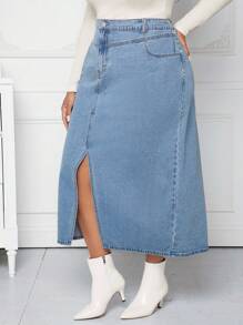 SHEIN CURVE+ Hơn Tách đùi Váy Denim - Màu xanh lam - Xem 4