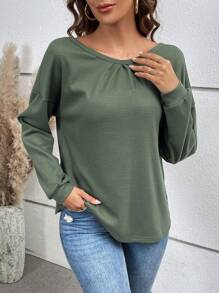 SHEIN VCAY Button Back Drop Shoulder Tee - Green - View 4