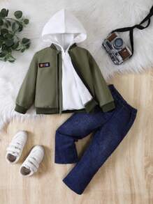 Young Boy Letter Patched Detail Thermal Lined Hooded Jacket & Jeans - Army Green - View 1