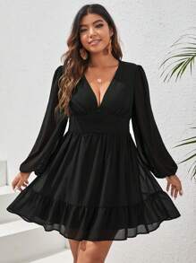 SHEIN VCAY Talla grande Vestido de manga farol bajo con fruncido - Negro - Ver 1
