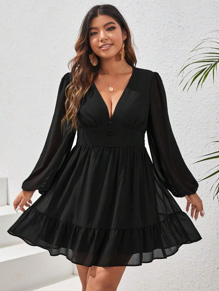 SHEIN VCAY Talla grande Vestido de manga farol bajo con fruncido - Negro - Ver 1